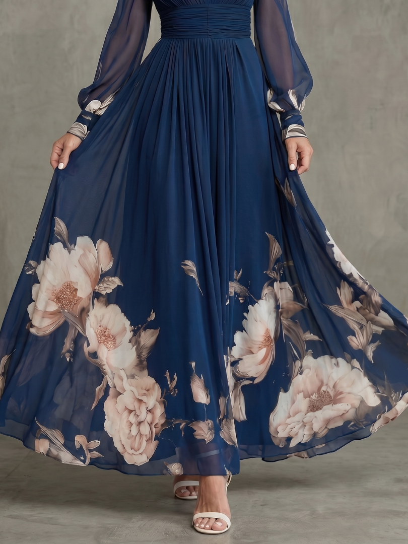 Ziva sheer-sleeve pleated floral maxi dress — side view