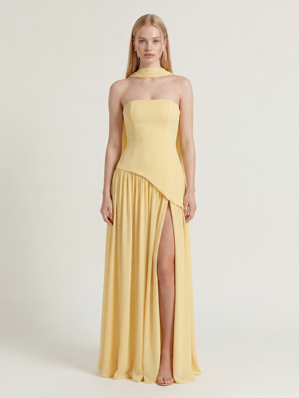 Sasha strapless asymmetric contrast maxi dress in yellow — front view