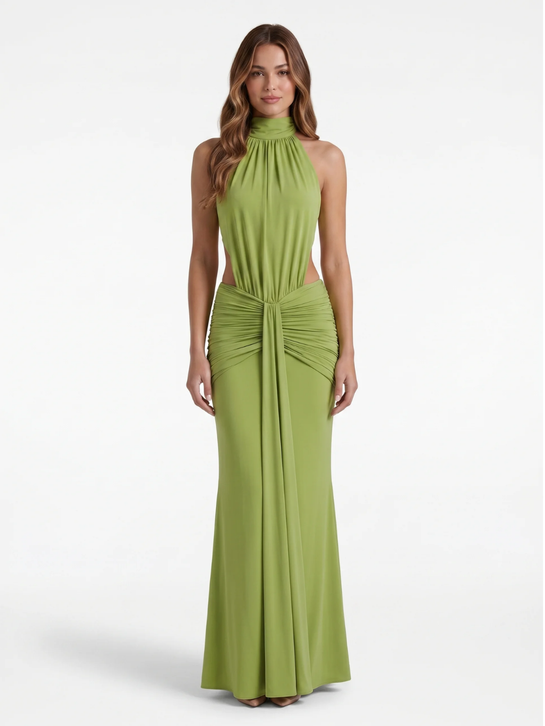Harper halter neck side-cutout ruched maxi dress — front view