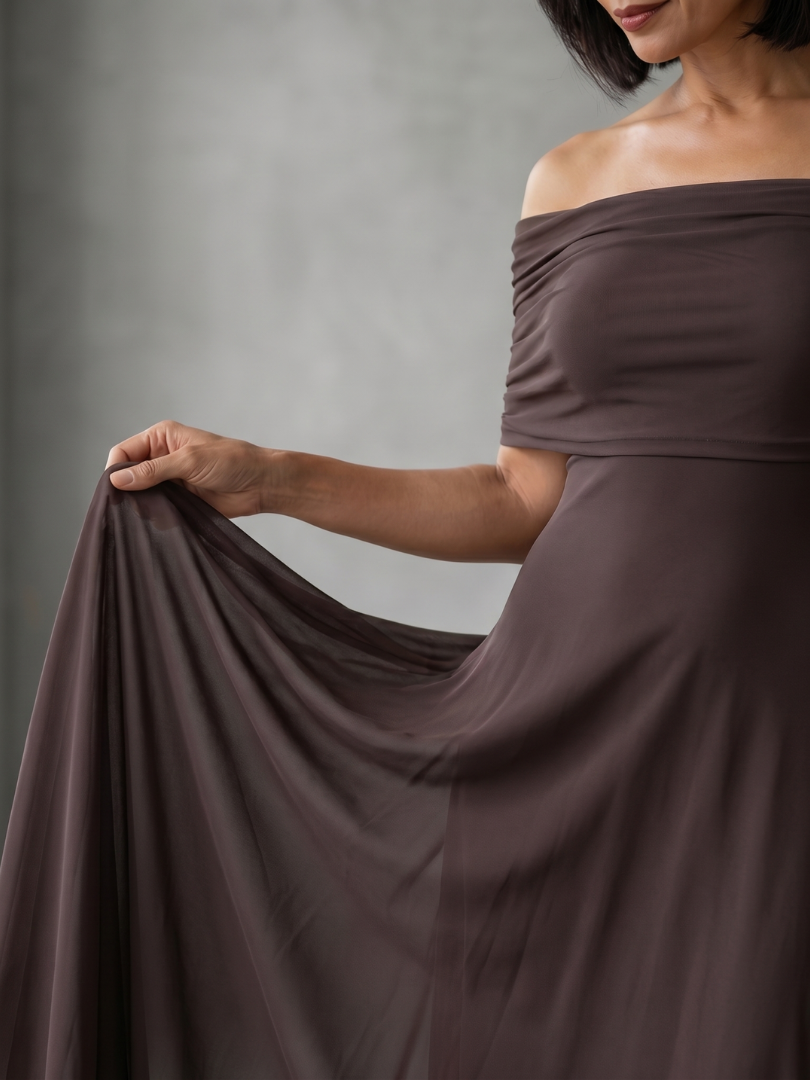 June off-shoulder draped-band maxi dress — side view