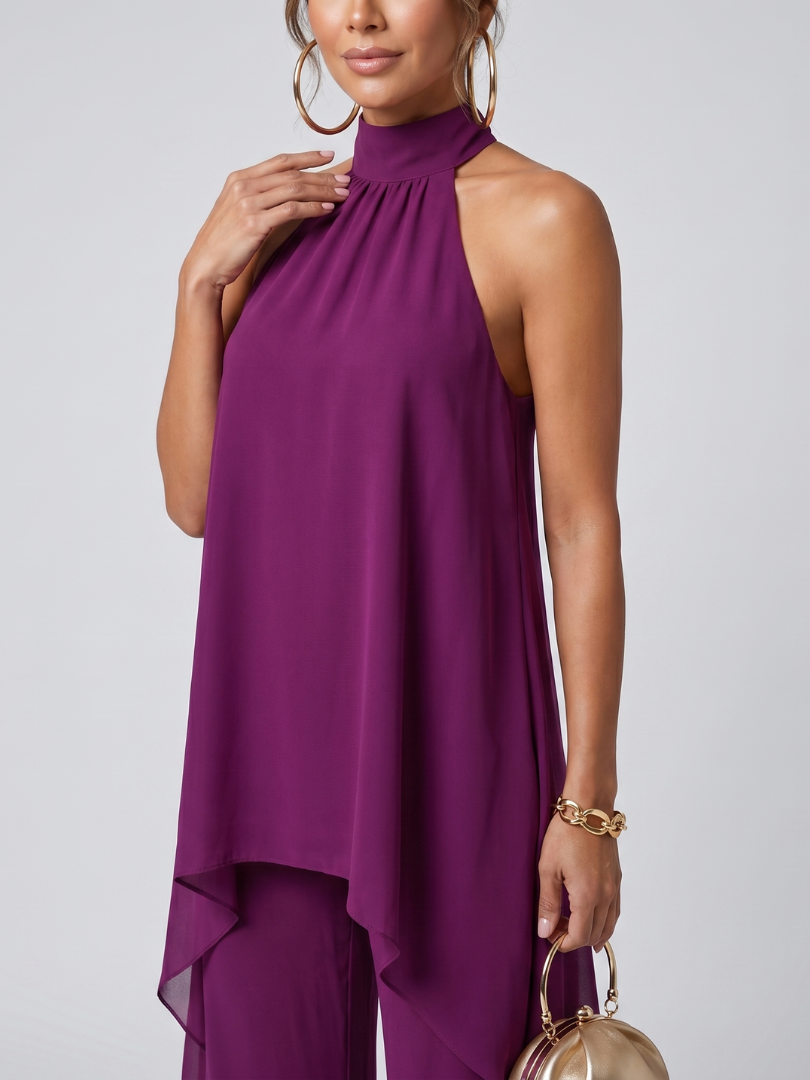 Zareen draped cascade tunic and wide-leg trouser two-piece set — back view