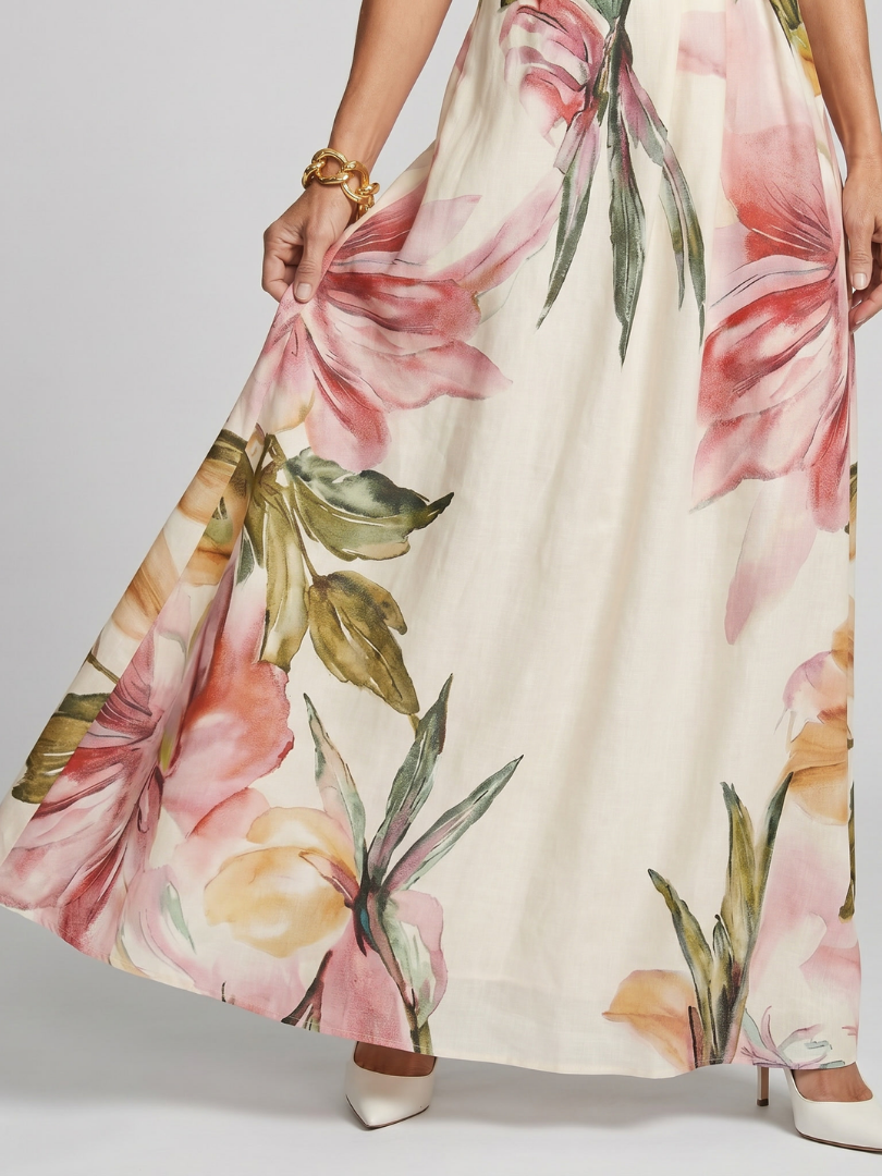 Hester watercolour floral halterneck maxi dress with sash — side view