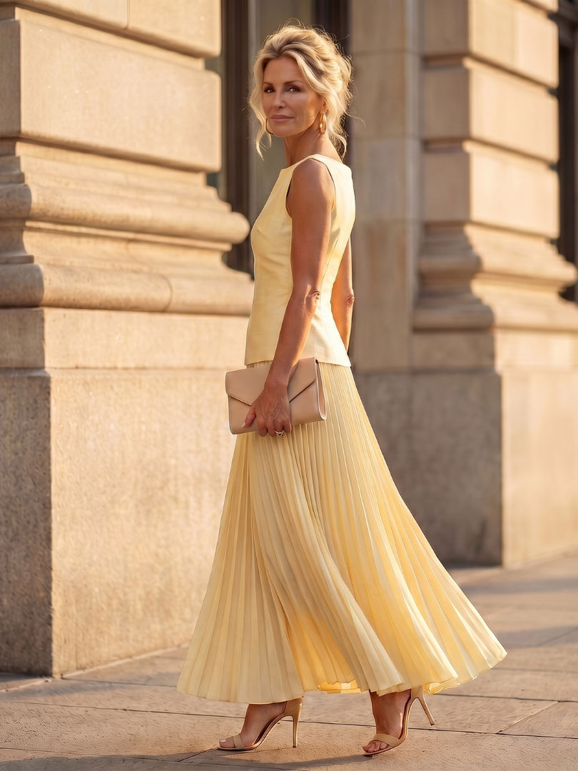 Rhodes boat-neck shell top and pleated maxi skirt two-piece set — back view