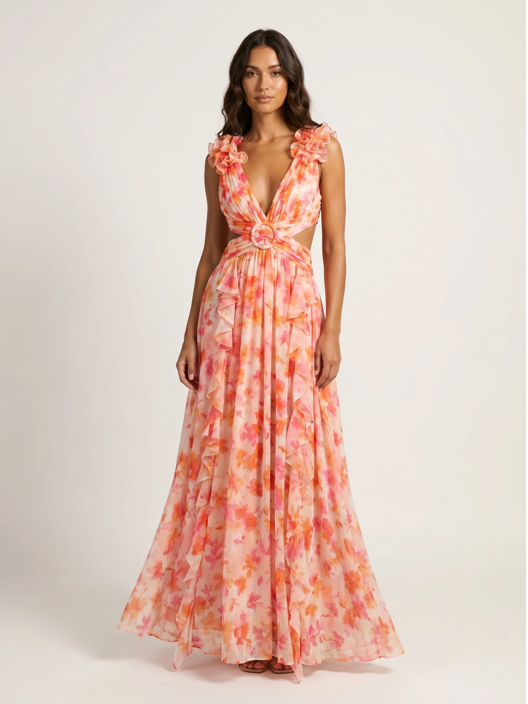 Lark floral plunge cut-out chiffon maxi dress in Orange — front view