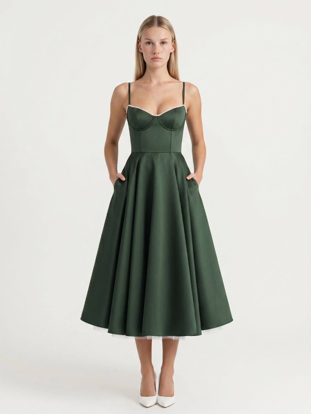 Vera sweetheart bustier tulle midi dress in dark green — front view