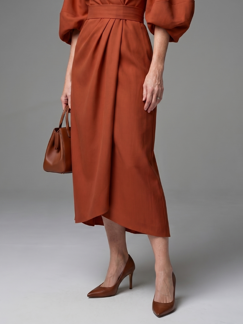 Beryl balloon-sleeve sculpted-waist wrap midi dress — back view