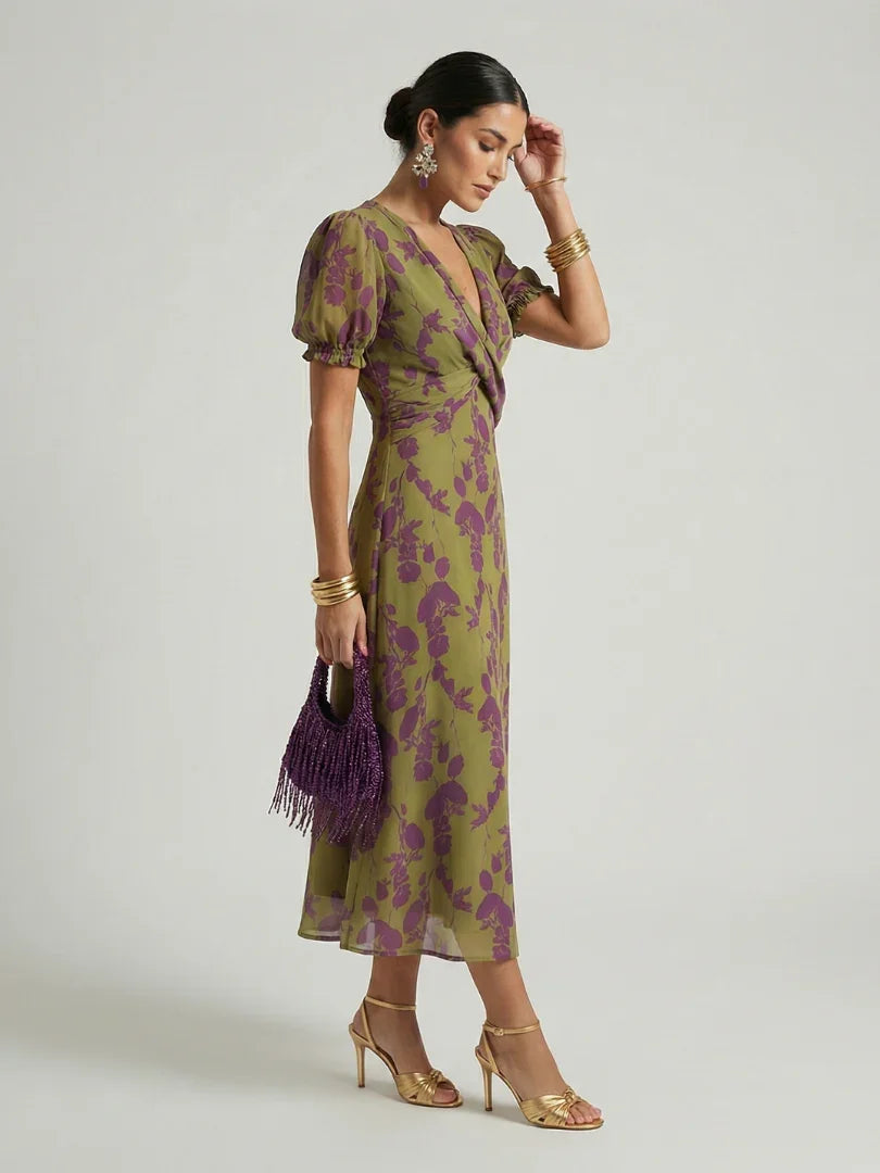 Virel floral puff-sleeve tie-back wrap midi dress — back view