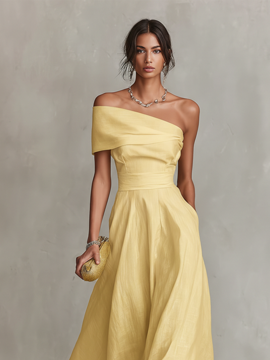 Camille one-shoulder draped midi dress with full skirt — side view