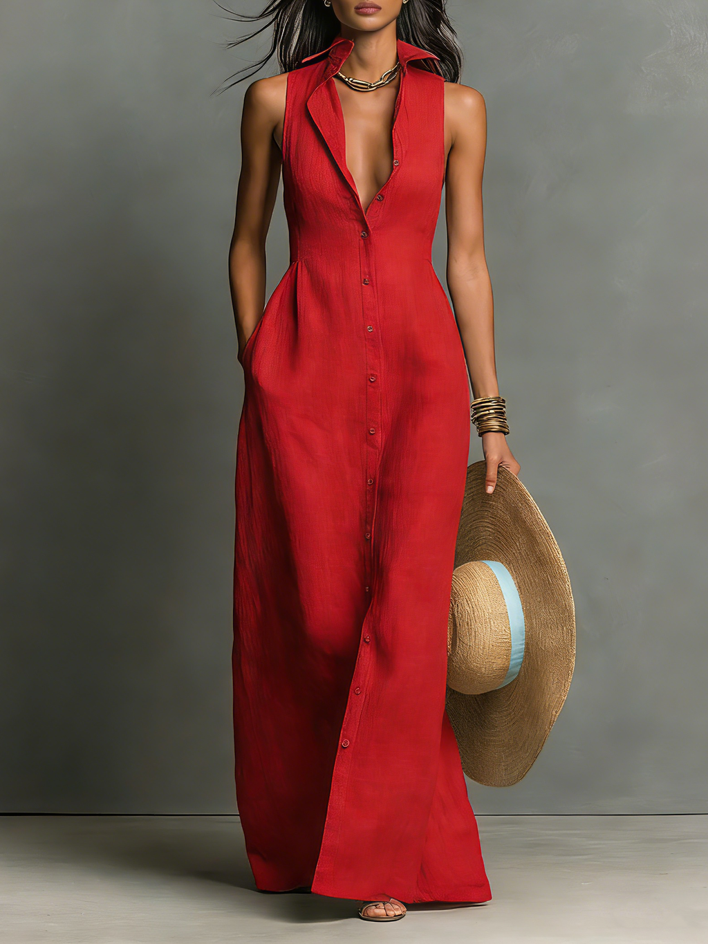 Nina | Linen Blend Sleeveless Collared Maxi Shirt Dress