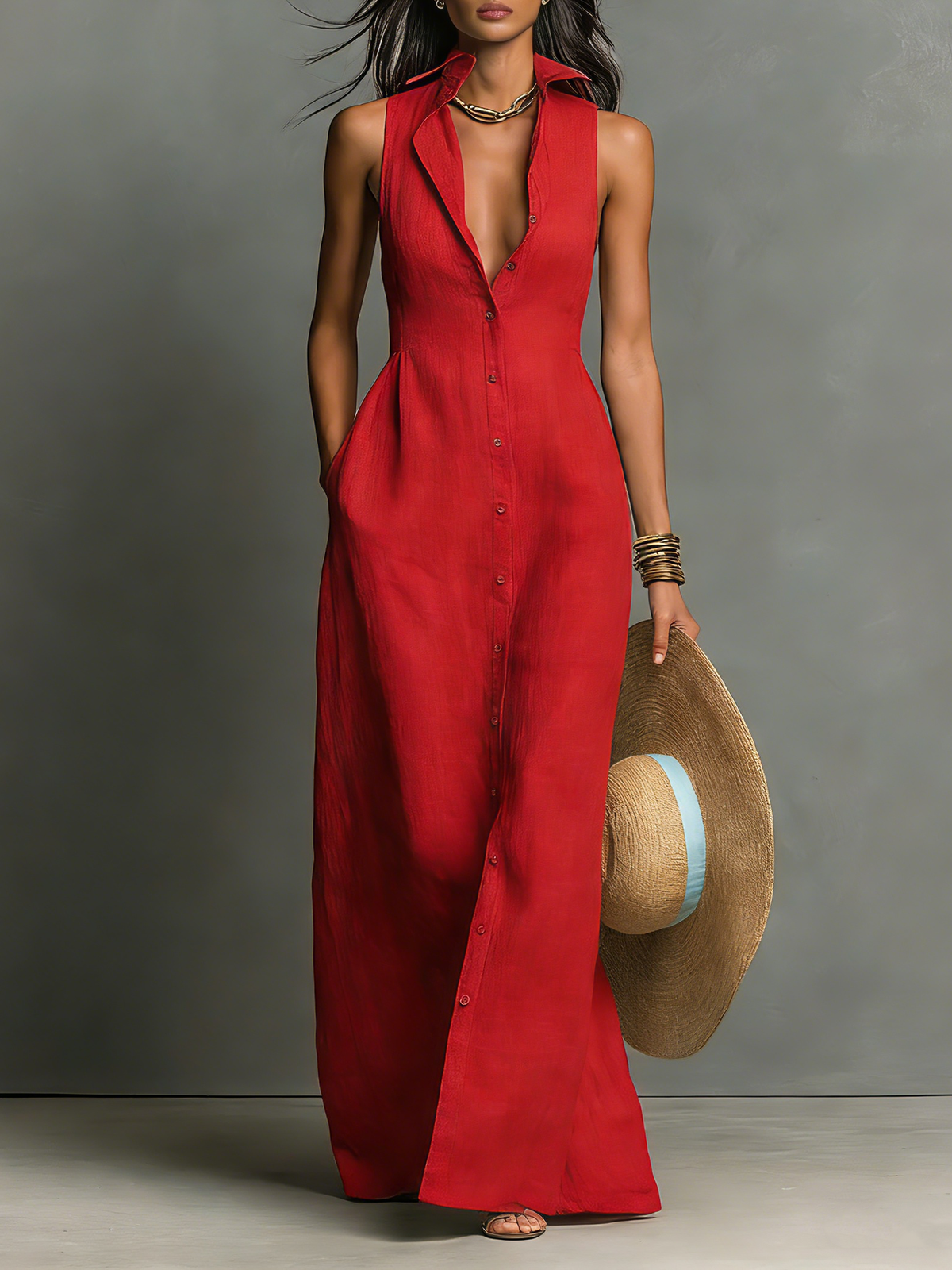 Nina | Linen Blend Sleeveless Collared Maxi Shirt Dress