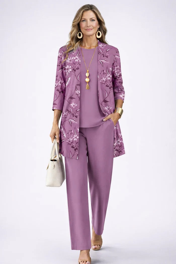 Iris printed duster, top and trouser three-piece set — styled view