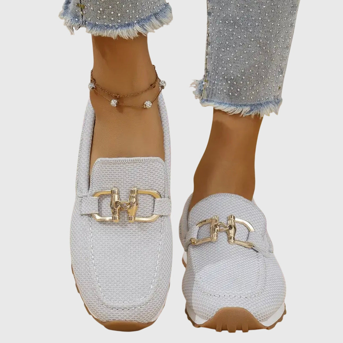 Nadia orthopedic horsebit knit loafers — styled view