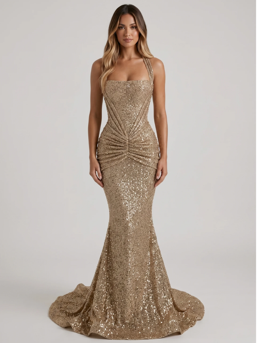 Wren sequin corset halter mermaid maxi gown in gold — front view