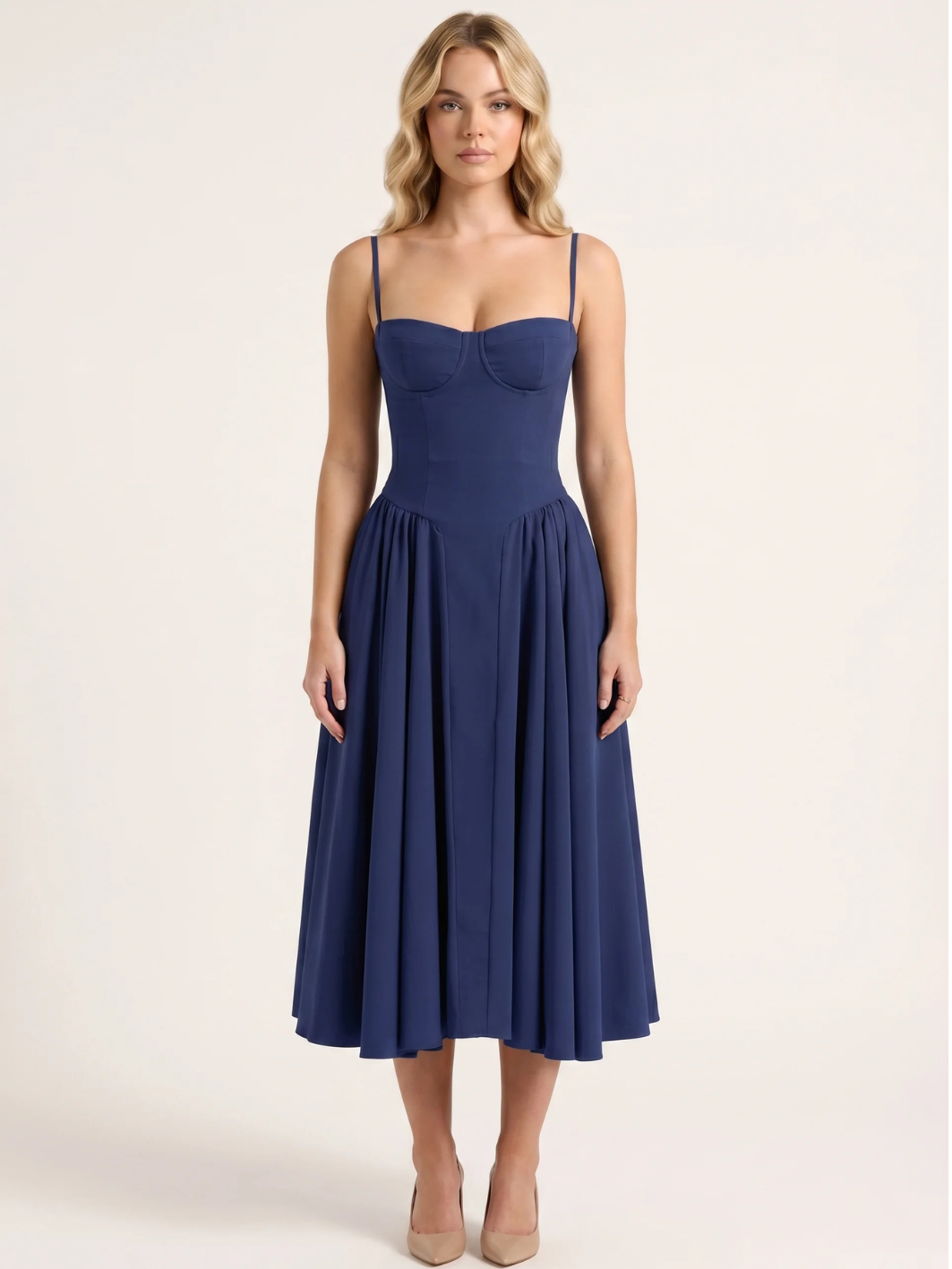 Nova strapless corset-bodice midi dress with full skirt in Light Green — detail view