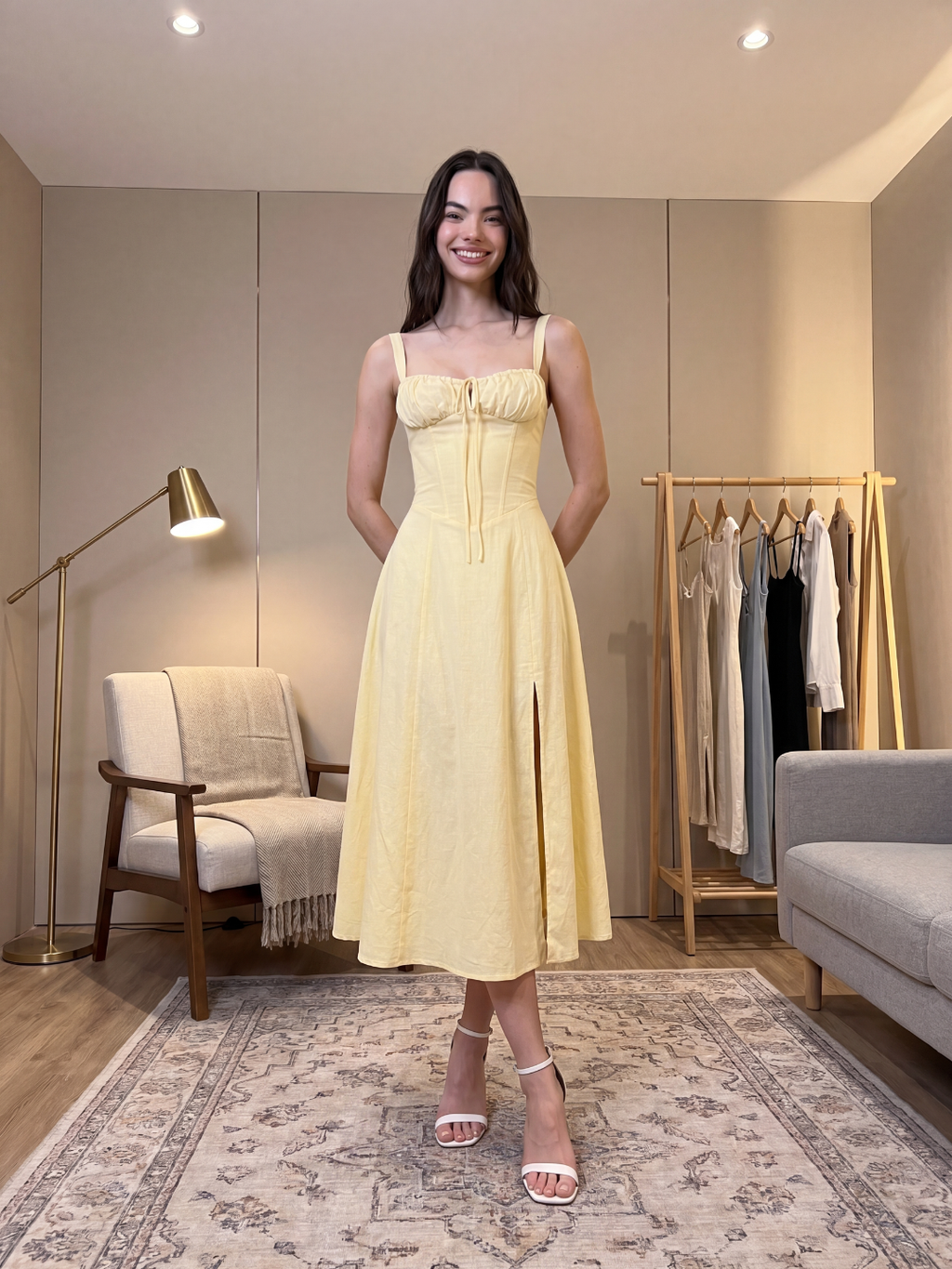 Sadie corset midi dress with side split in light yellow — detail view