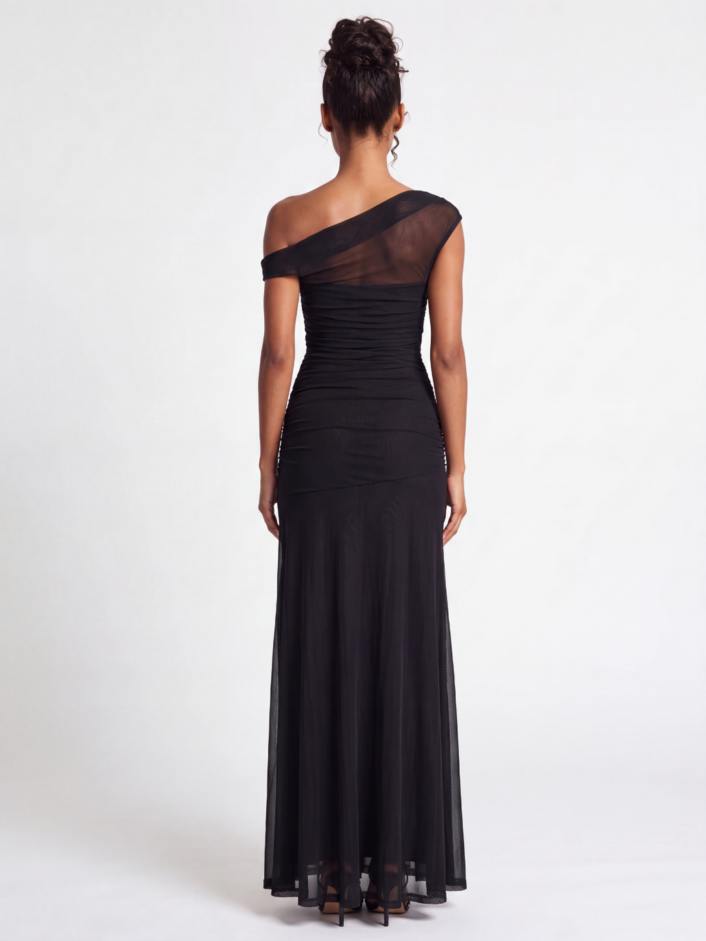 Billie asymmetric off-shoulder ruched mesh maxi gown — back view