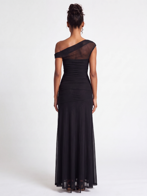 Billie asymmetric off-shoulder ruched mesh maxi gown — back view