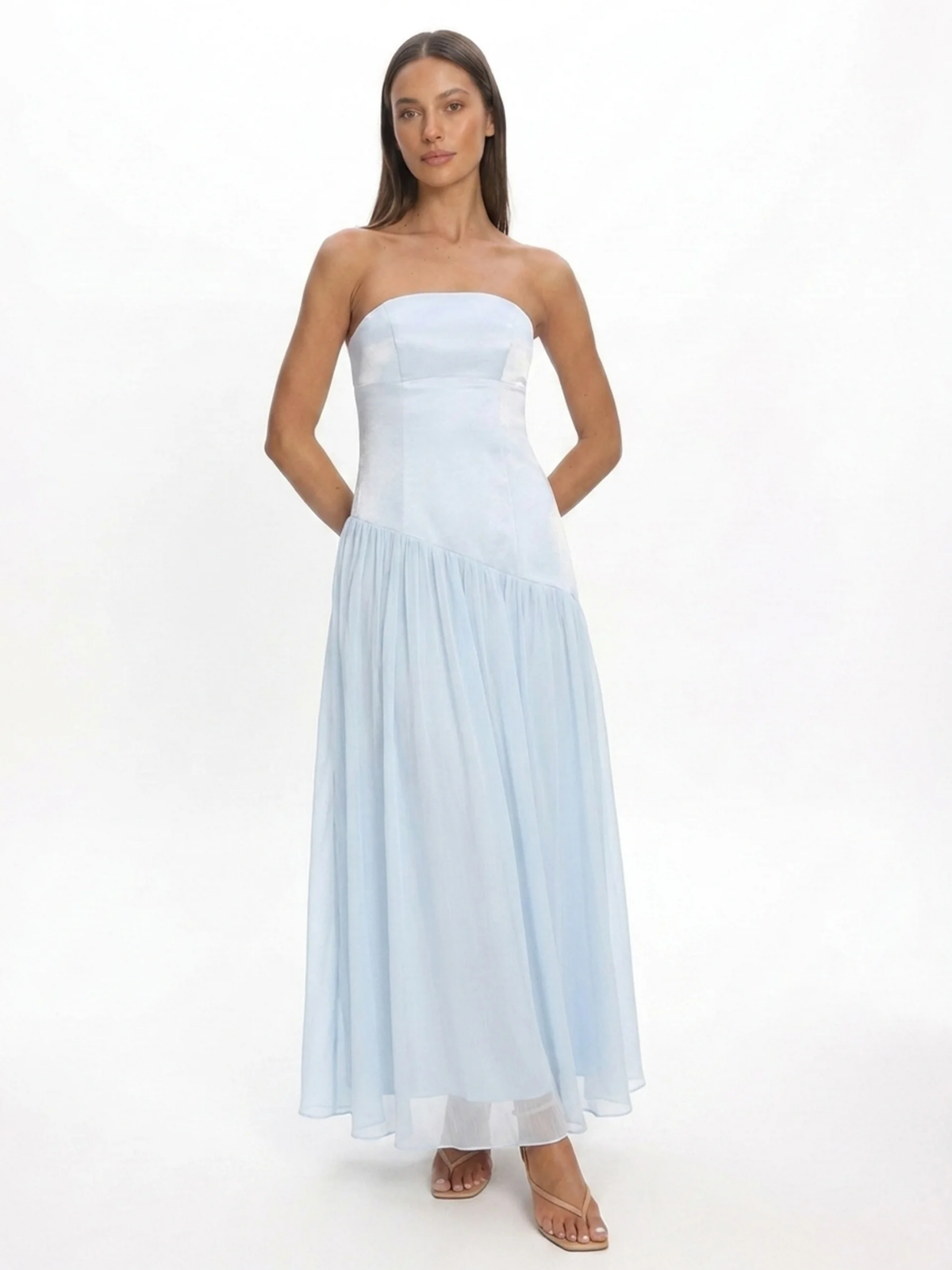 Arlo strapless asymmetric drop-waist maxi dress in light yellow — front view