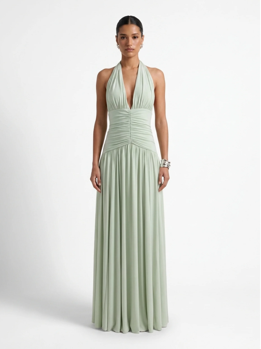 Gia plunge halter maxi dress in light blue — front view
