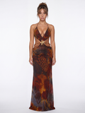 Juno animal print deep plunge halterneck maxi dress in Brown — front view