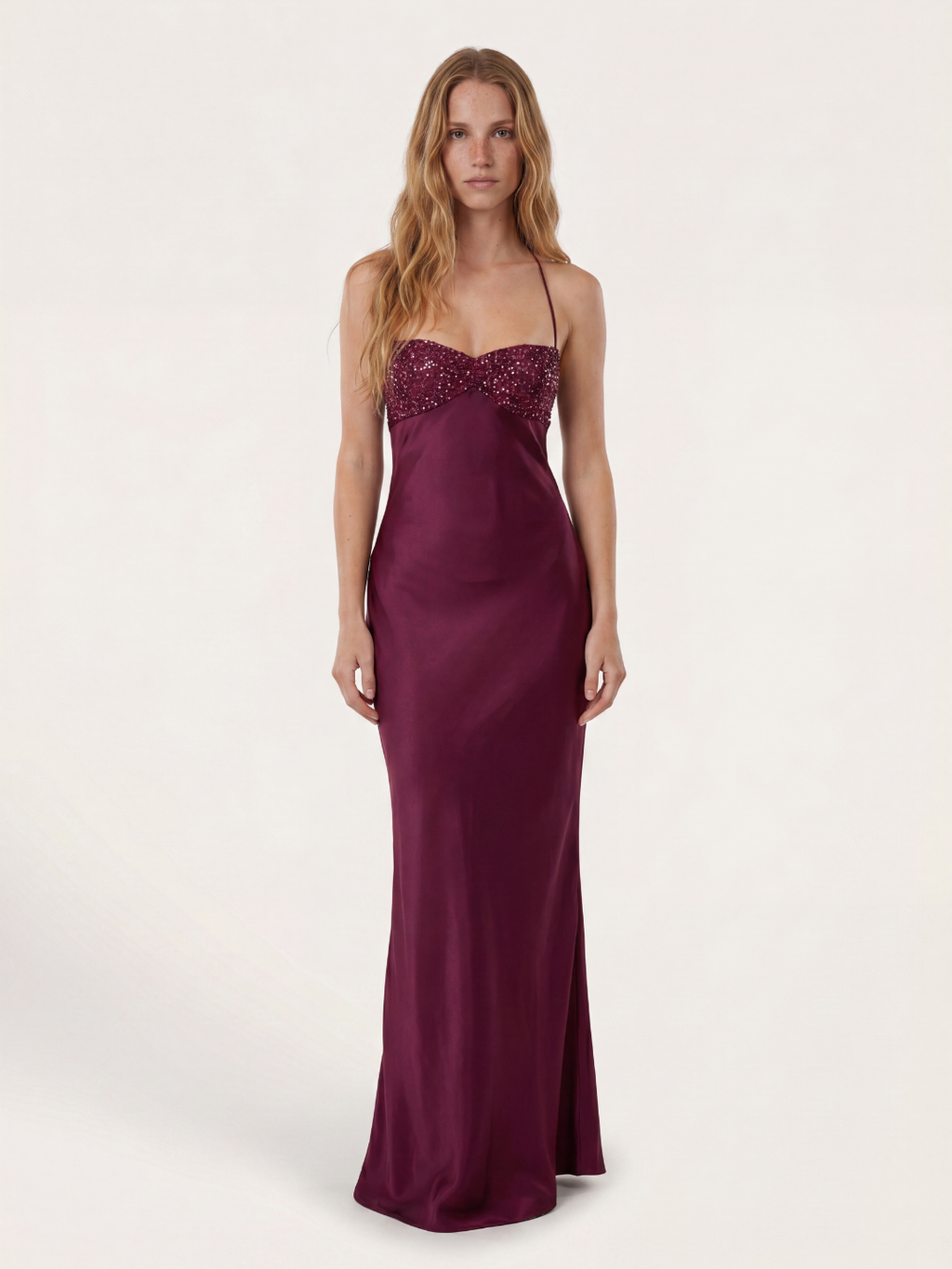Delta sequin sweetheart satin-finish maxi dress with lace-up back — front view
