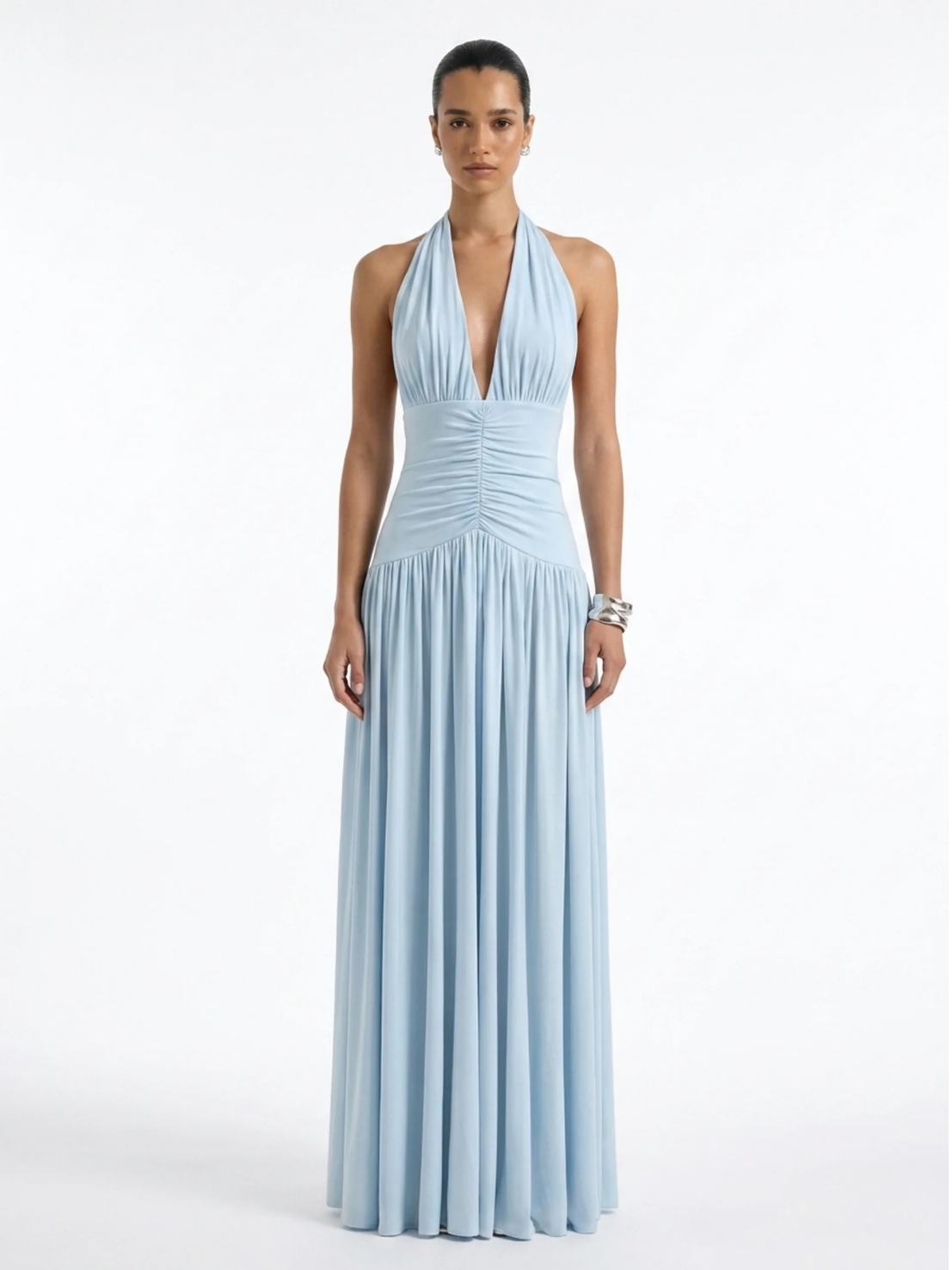 Gia plunge halter maxi dress in light blue — back view