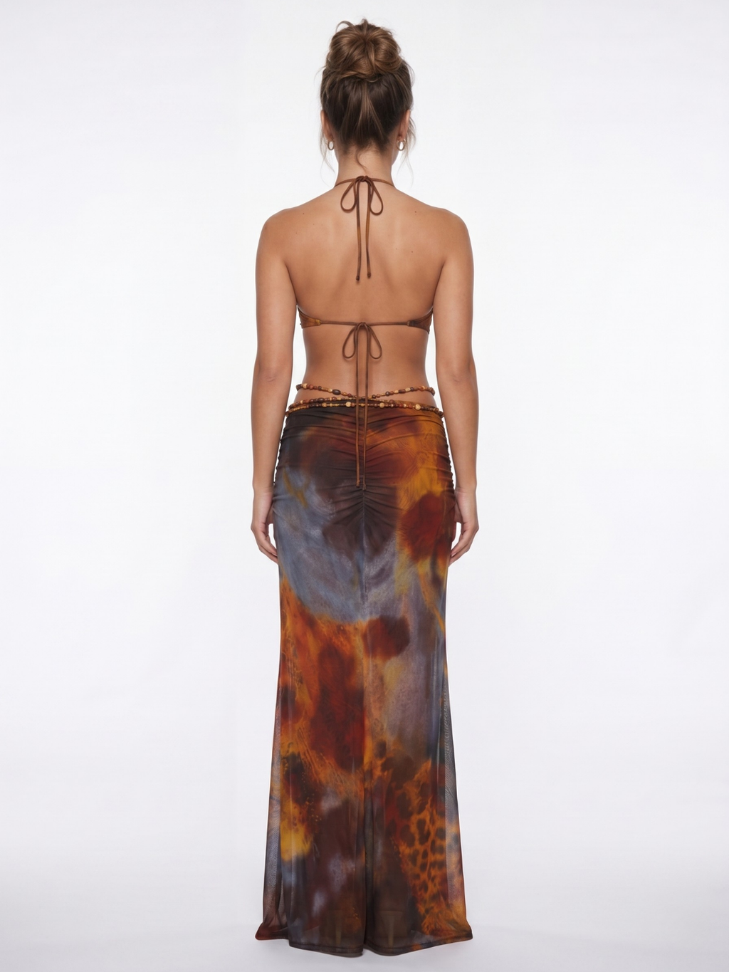Juno animal print deep plunge halterneck maxi dress in Brown — back view