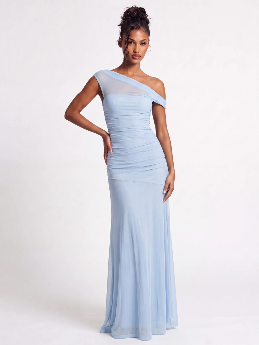 Billie asymmetric off-shoulder ruched mesh maxi gown — back view