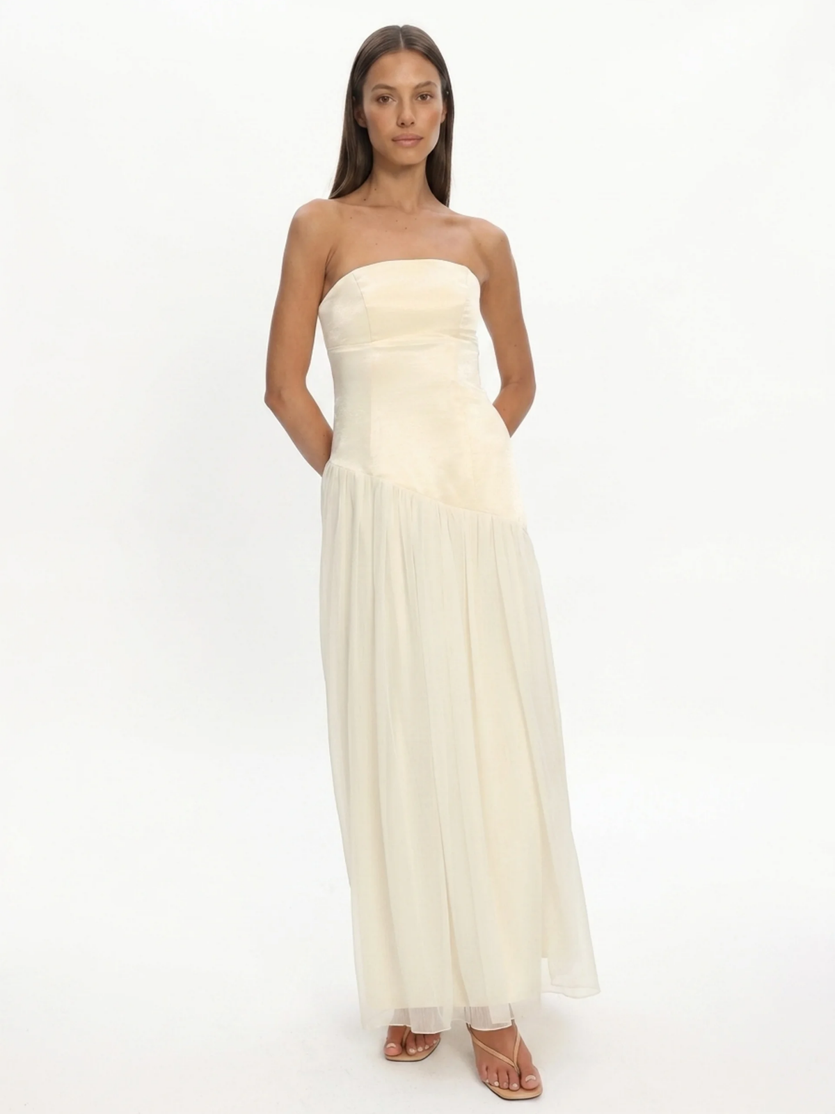 Arlo strapless asymmetric drop-waist maxi dress in light yellow — side view