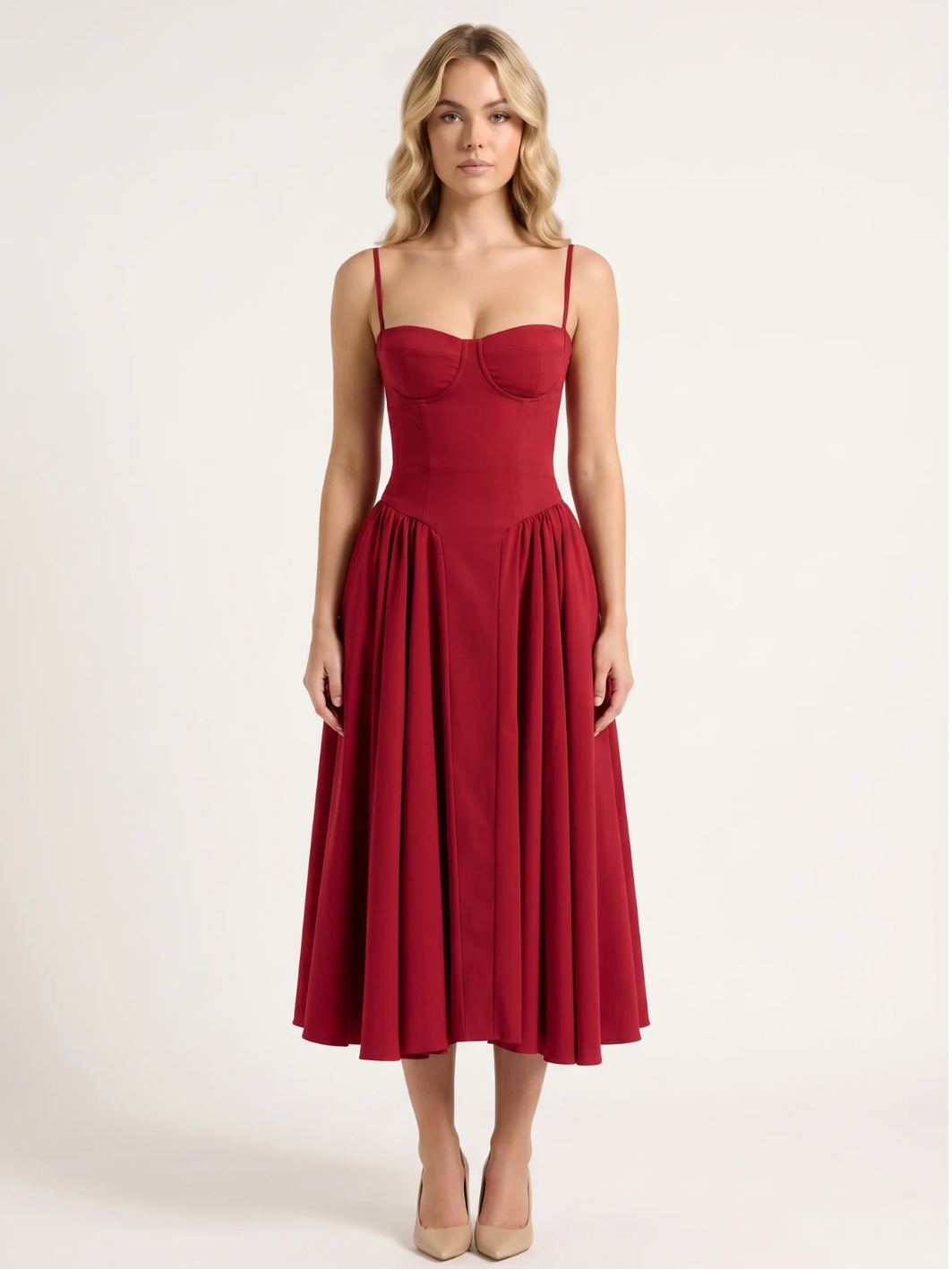 Nova strapless corset-bodice midi dress with full skirt in Light Green — side view