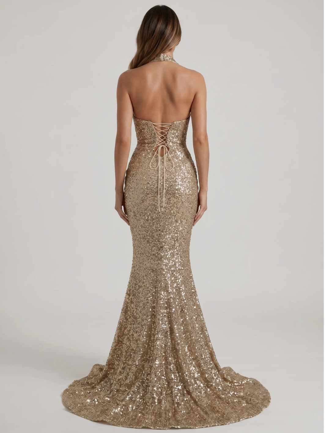 Wren sequin corset halter mermaid maxi gown in gold — back view