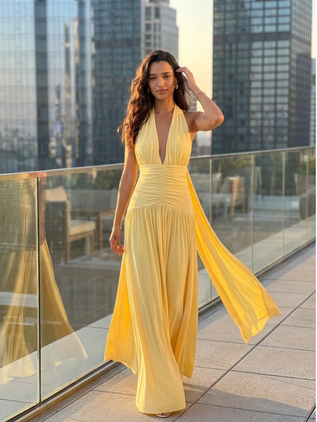 Gia plunge halter maxi dress in light green — front view