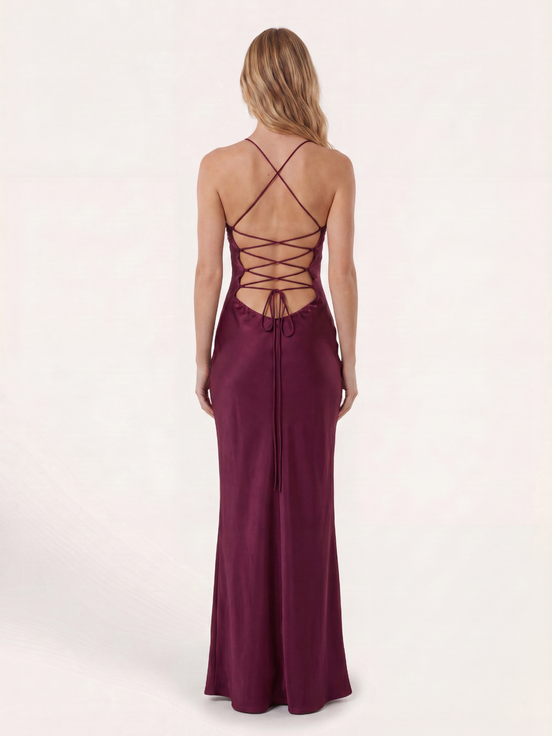 Delta sequin sweetheart satin-finish maxi dress with lace-up back — back view