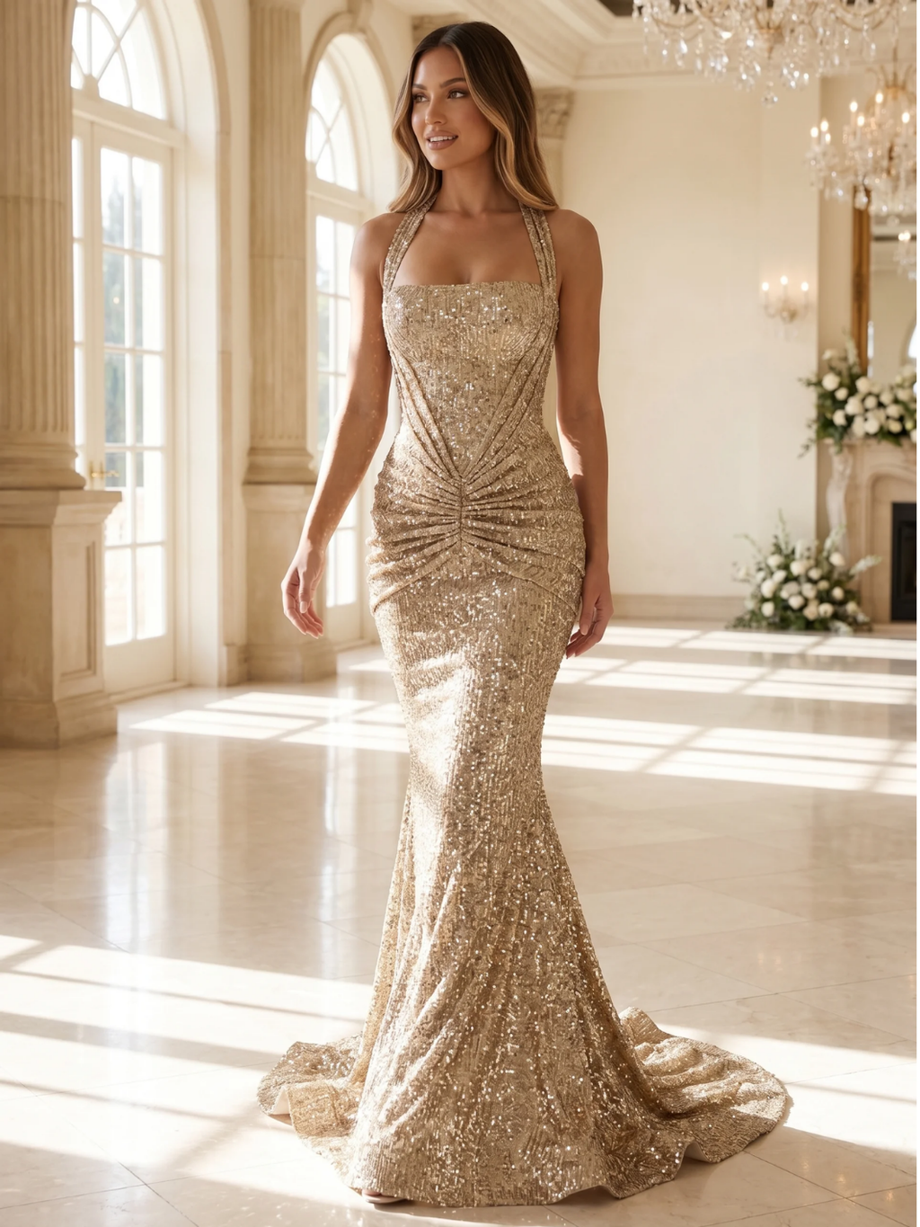 Wren sequin corset halter mermaid maxi gown in gold — side view