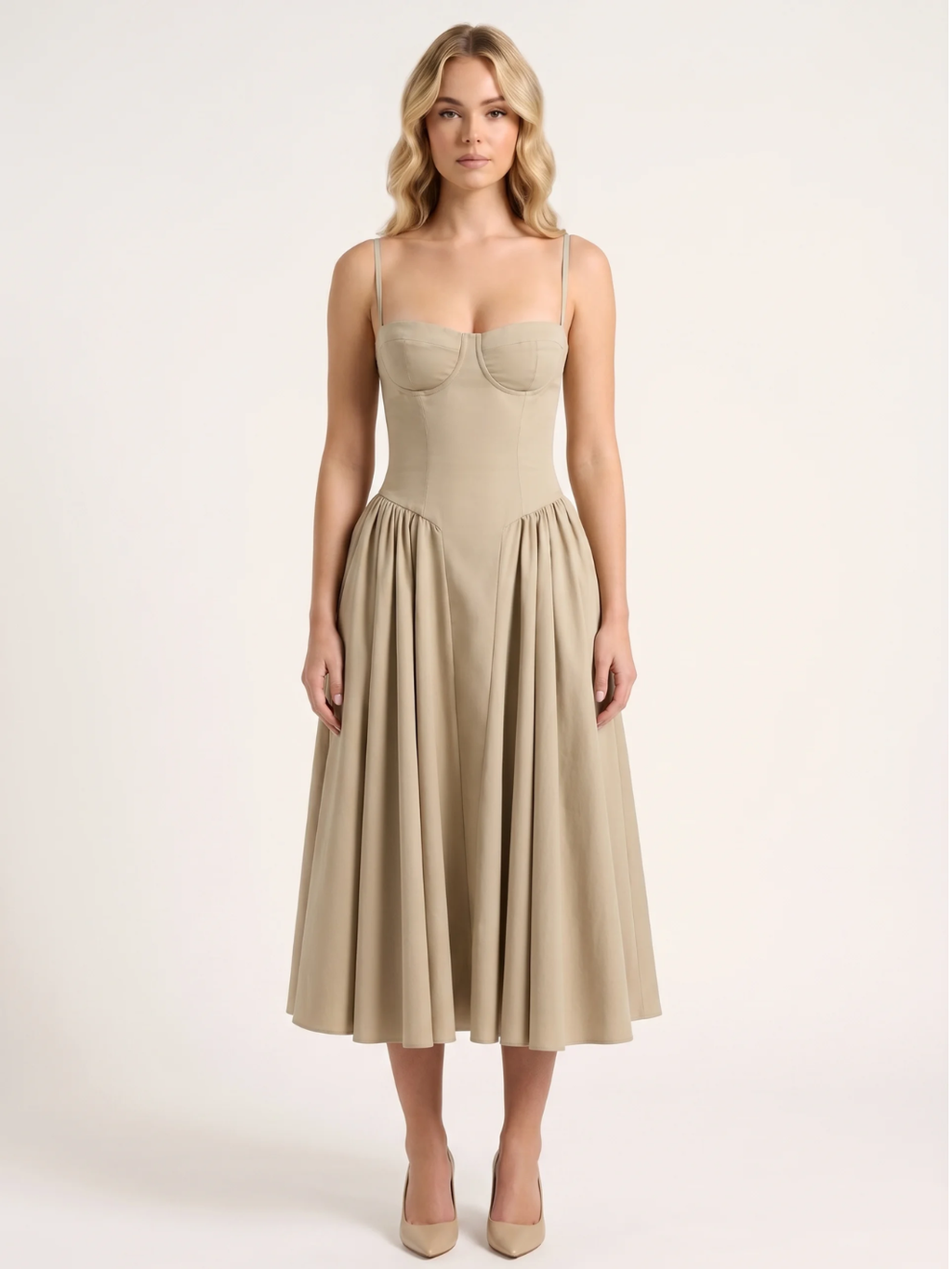 Nova strapless corset-bodice midi dress with full skirt in Light Green — back view