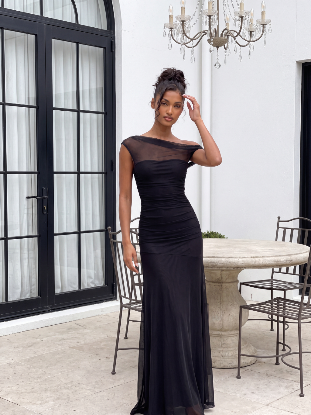 Billie asymmetric off-shoulder ruched mesh maxi gown — side view
