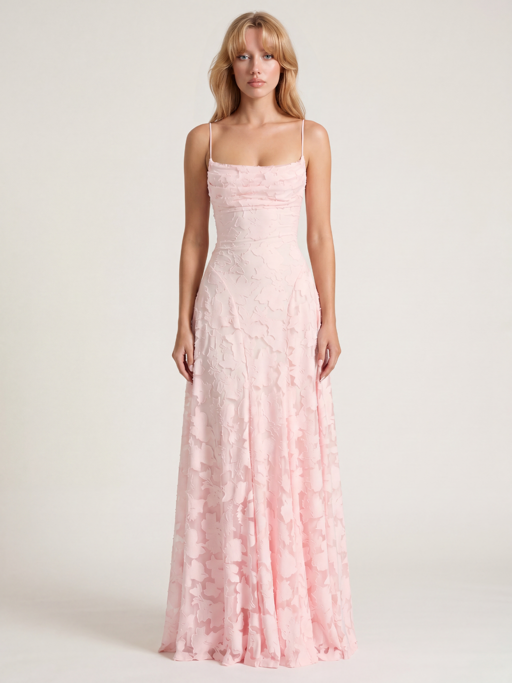 Esme cowl-neck butterfly applique lace-up maxi dress in Pink — front view