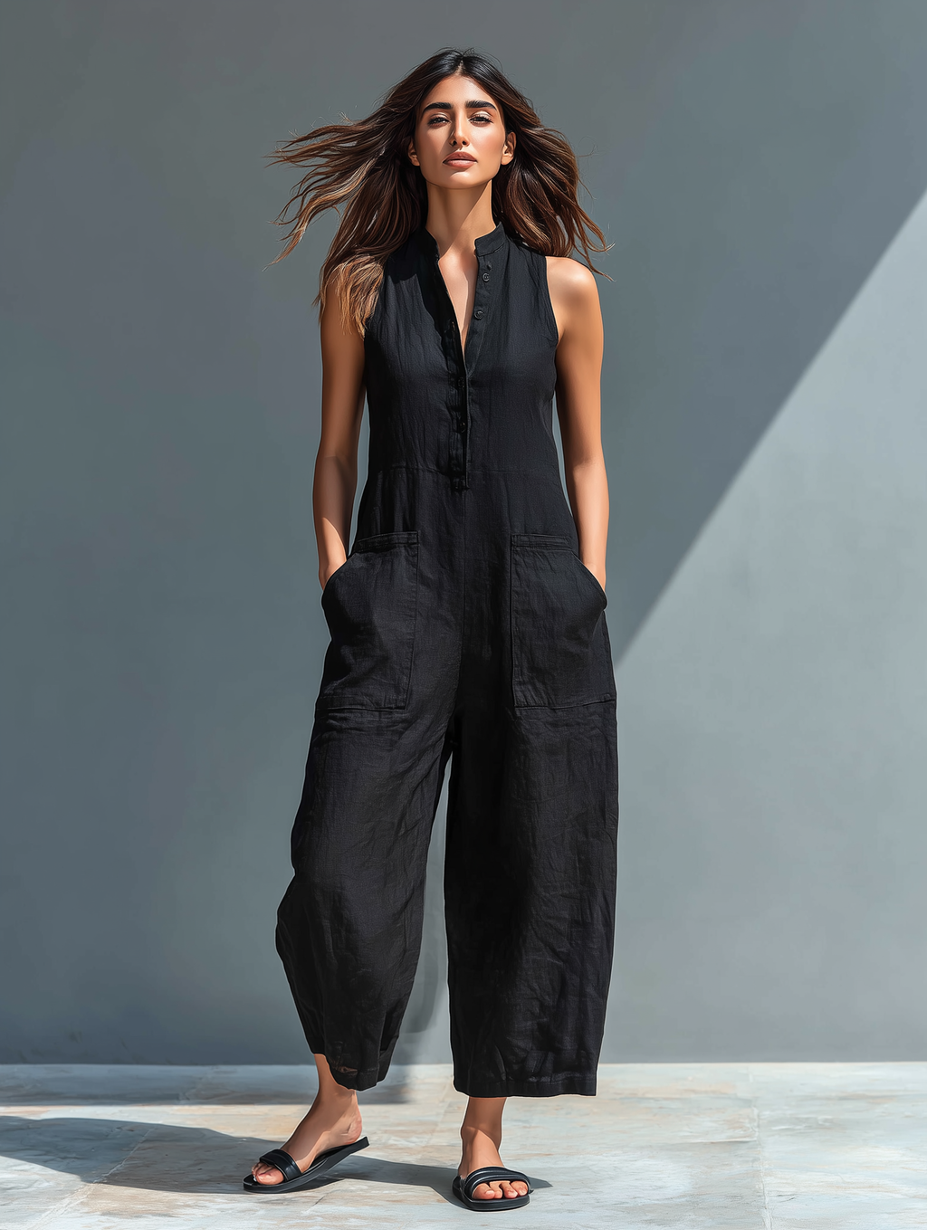 Georgia | Linen Blend Button Front Sleeveless Holiday Jumpsuit