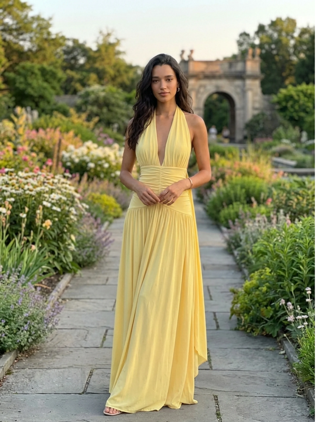 Gia plunge halter maxi dress in light green — back view