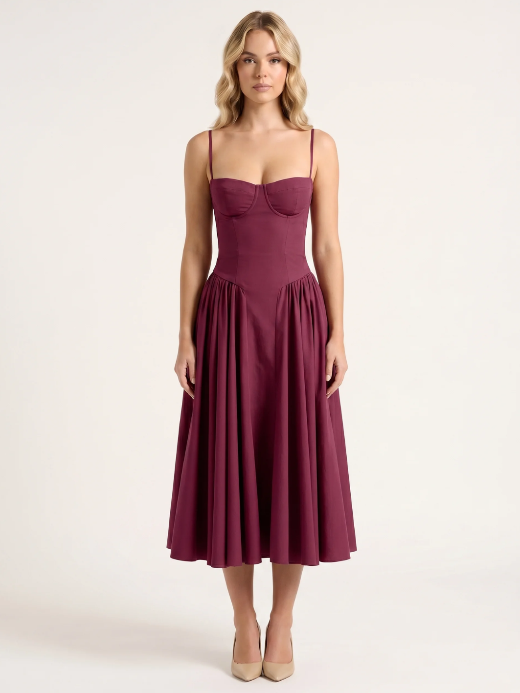 Nova strapless corset-bodice midi dress with full skirt in Light Green — front view