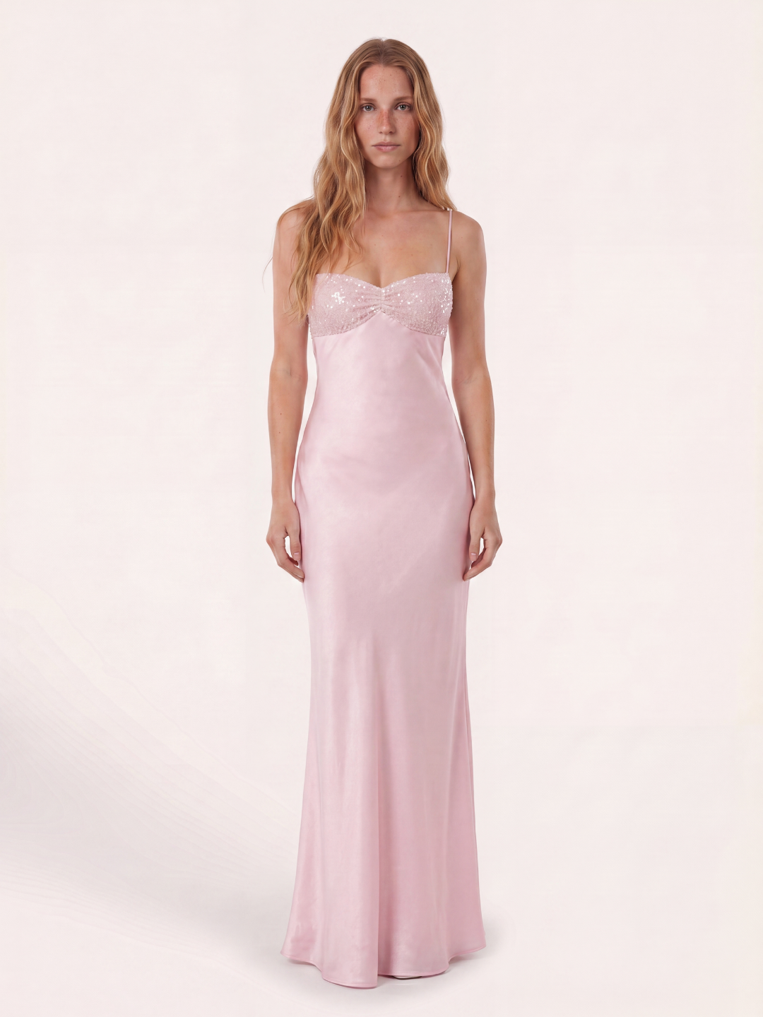 Delta sequin sweetheart satin-finish maxi dress with lace-up back — back view