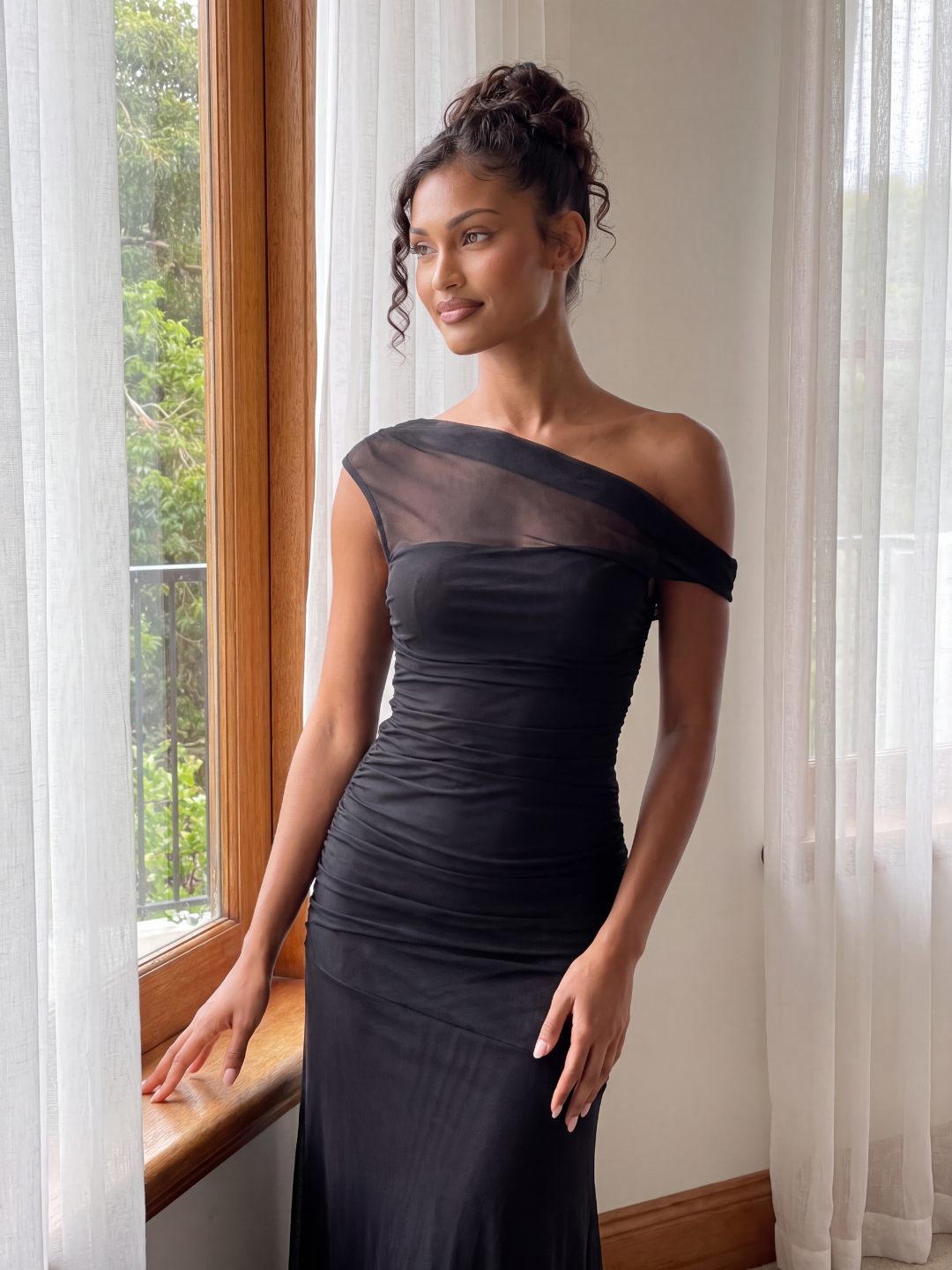 Billie asymmetric off-shoulder ruched mesh maxi gown — detail view