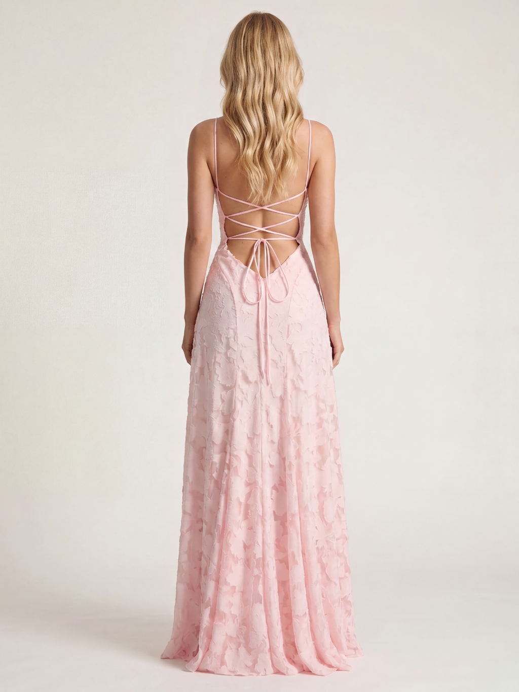Esme cowl-neck butterfly applique lace-up maxi dress in Pink — back view