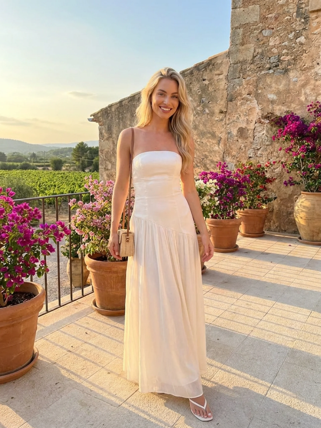 Arlo strapless asymmetric drop-waist maxi dress in light blue — back view