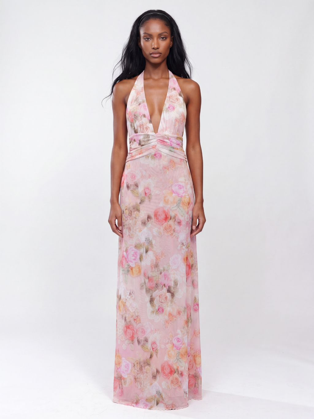 Mila floral deep V-neck halter maxi dress in Pink — front view