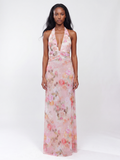 Mila floral deep V-neck halter maxi dress in Pink — front view