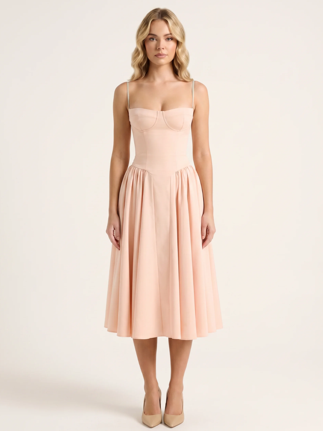 Nova strapless corset-bodice midi dress with full skirt in Light Green — front view