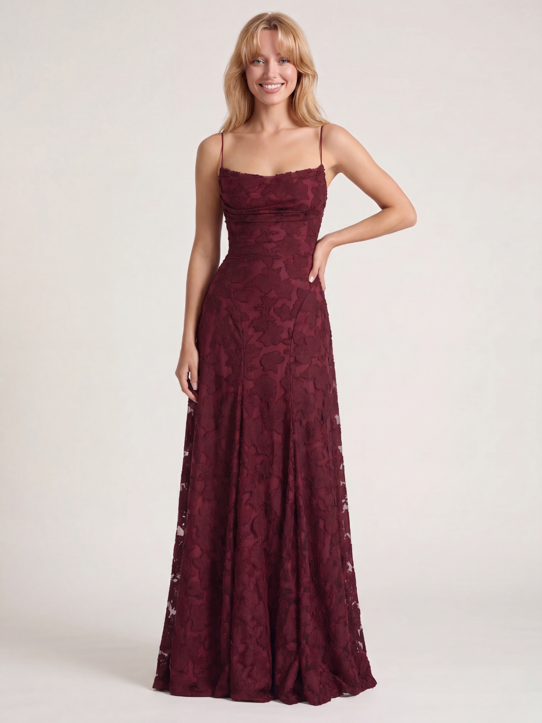 Esme cowl-neck butterfly applique lace-up maxi dress in Burgundy — back view