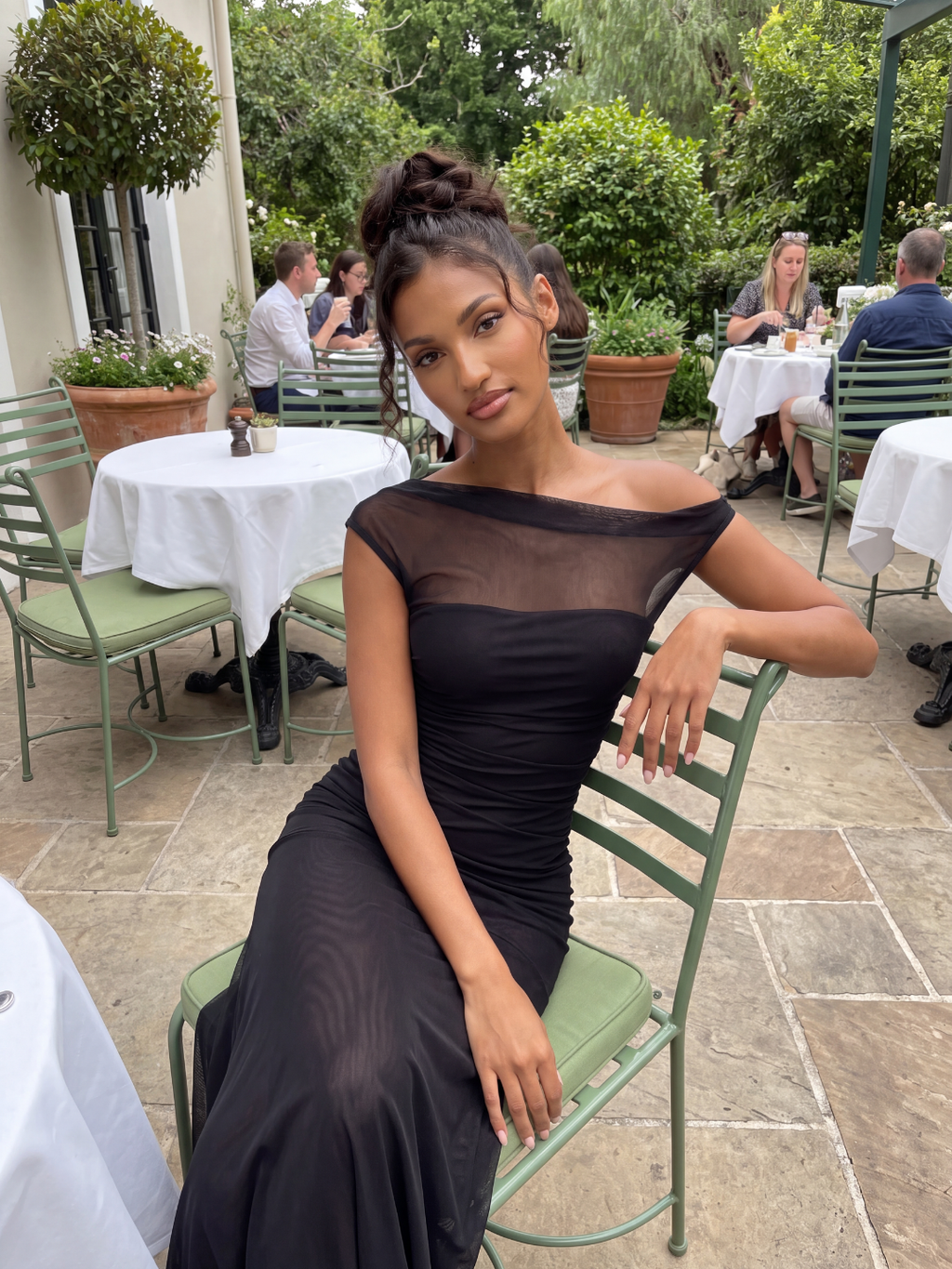 Billie asymmetric off-shoulder ruched mesh maxi gown — front view