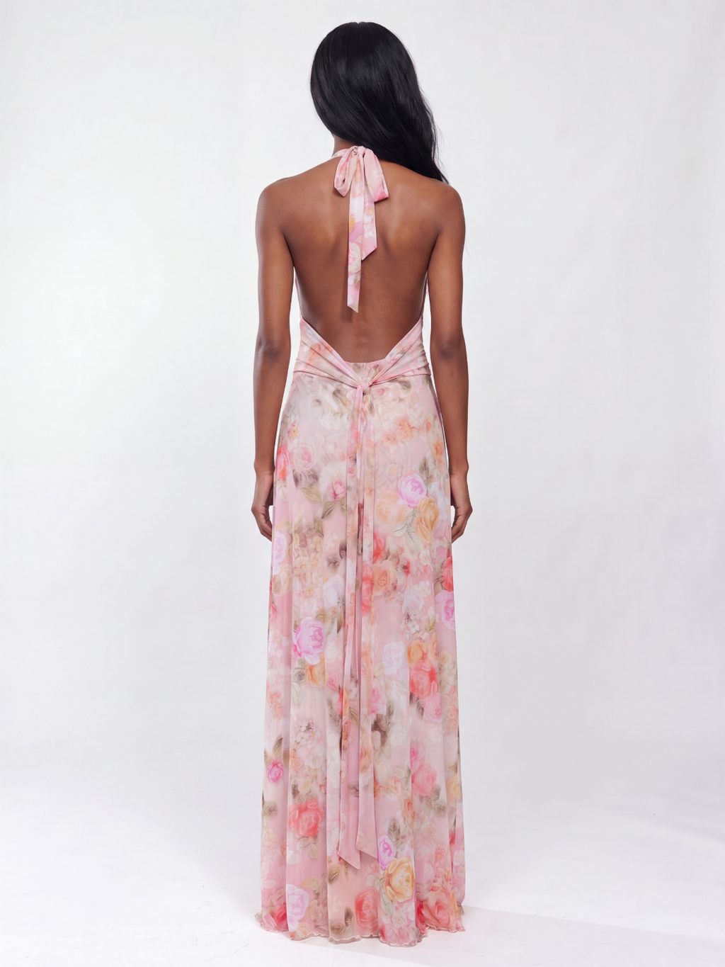 Mila floral deep V-neck halter maxi dress in Pink — back view